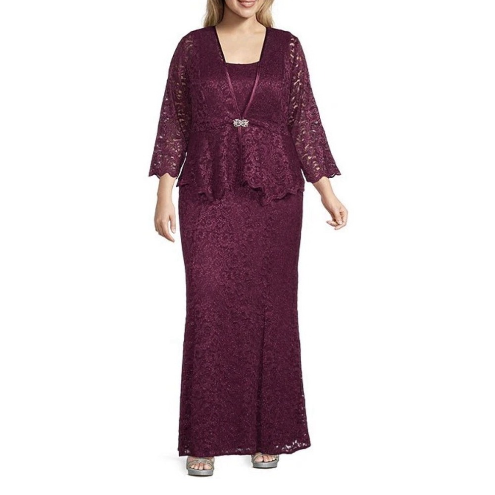 R&M Richards Long Glitter Lace Dress Matched Overlay Jacket Size 14 Petite